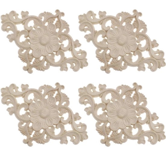 Decorazioni in legno a forma di fiore - non dipinte e regolabili - 4 pezzi - ideali per arredamento e decorazione di pareti - 15x10.5cm