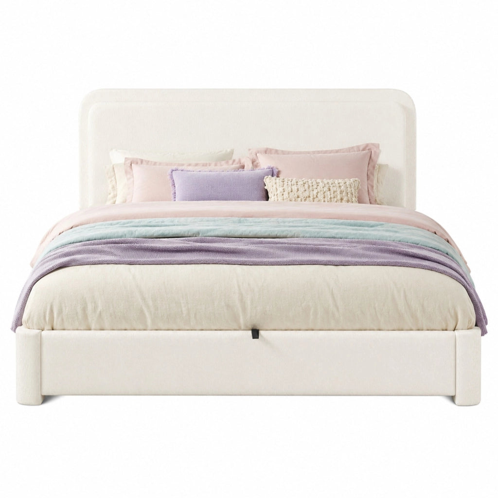 Letto matrimoniale imbottito 160x200 cm con rete a doghe, contenitore idraulico, testiera regolabile e rivestimento Bouclé bianco