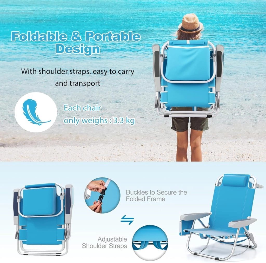 Sedia da Spiaggia Pieghevole, Spiaggina con Schienale Regolabile in 5 Posizioni, Sdraio Mare con Poggiatesta, Lettino Prendisole con Tasca Laterale, Carico 150 kg (Blu*1)