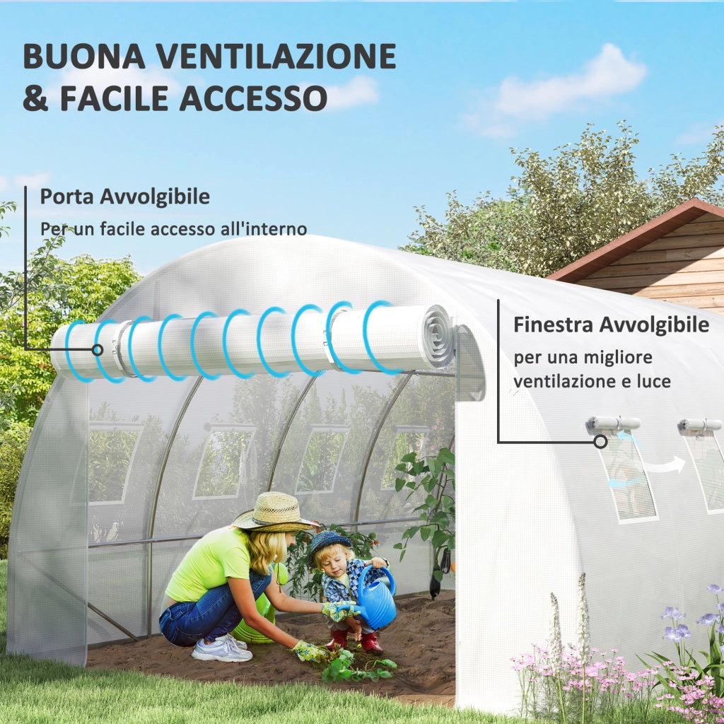 Telo per Serra 4x3x2 m con 8 Finestre Porta Avvolgibile e Bordi Interrati in PE Bianco