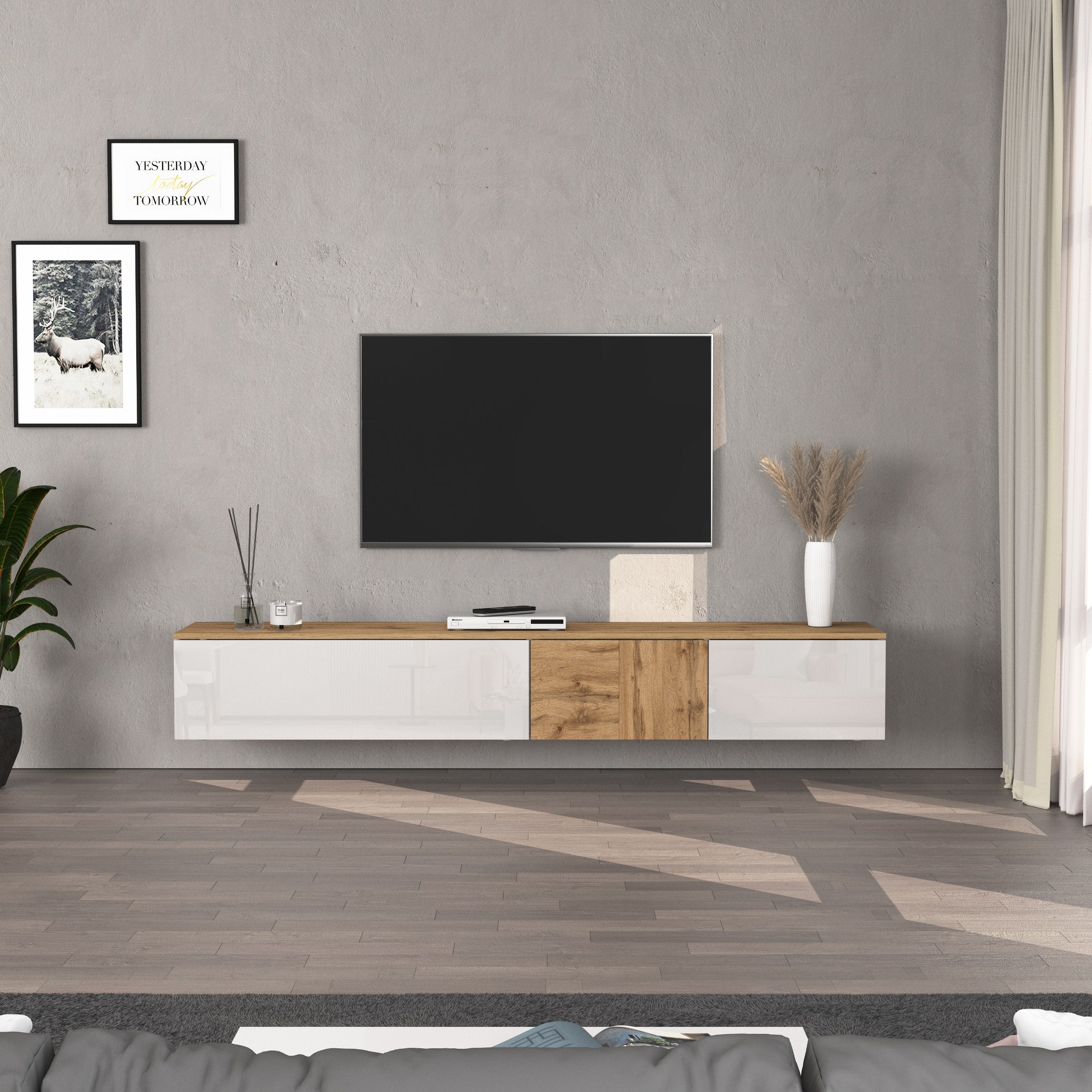 Mobile porta TV sospeso Iseo con 2 ante e 1 ribalta bianco lucido e rovere 200x35x30 cm