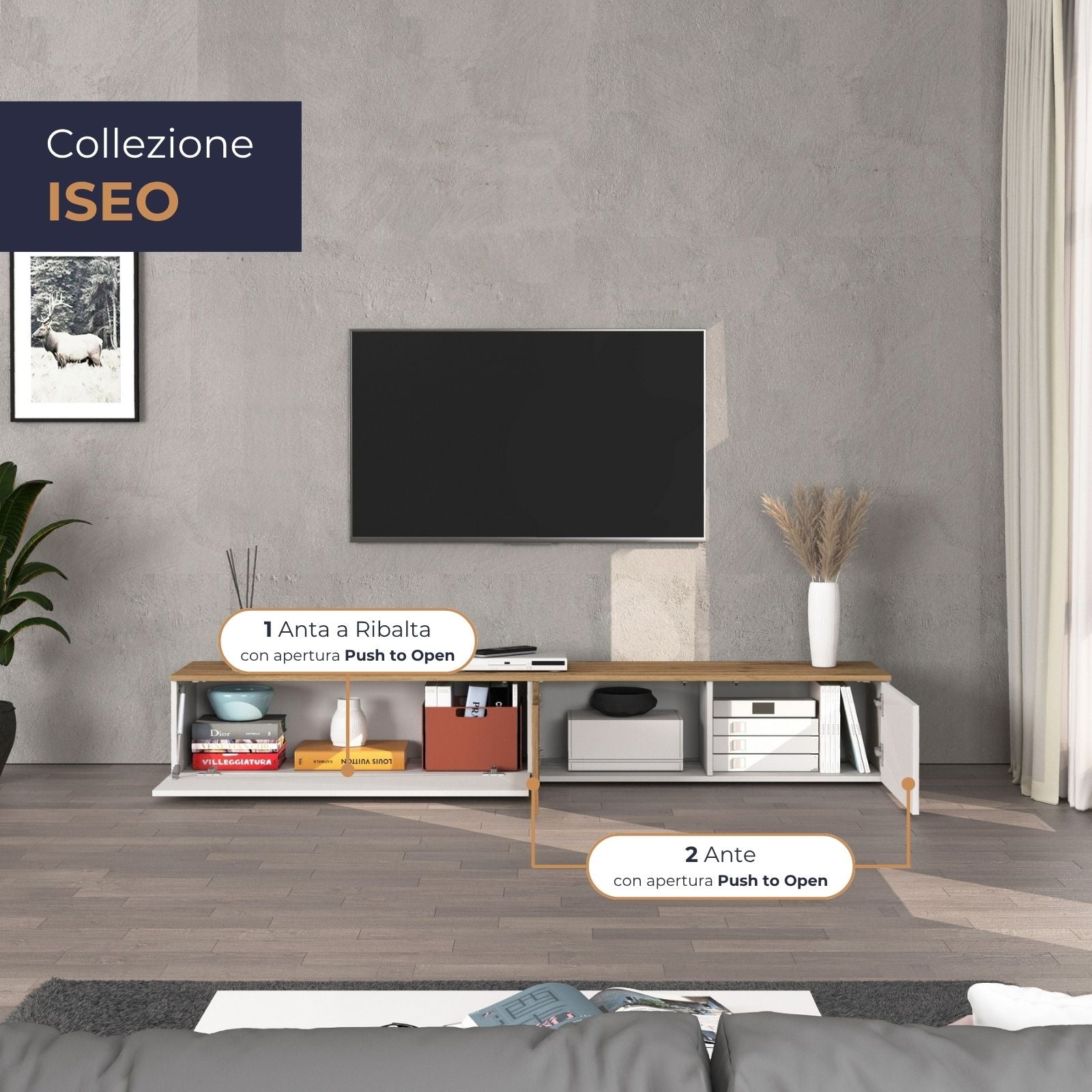 Mobile porta TV sospeso Iseo con 2 ante e 1 ribalta bianco lucido e rovere 200x35x30 cm