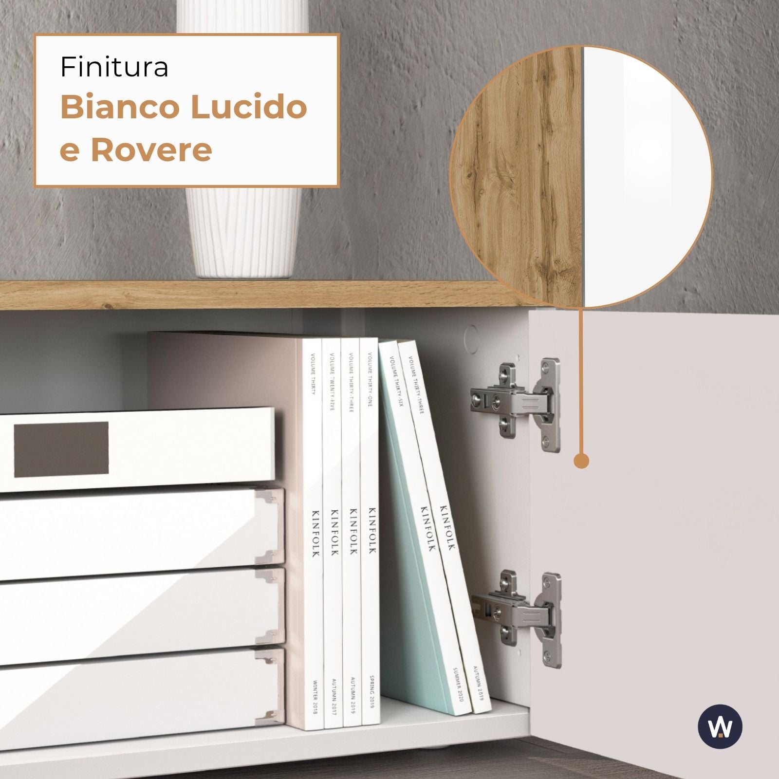 Mobile porta TV sospeso Iseo con 2 ante e 1 ribalta bianco lucido e rovere 200x35x30 cm