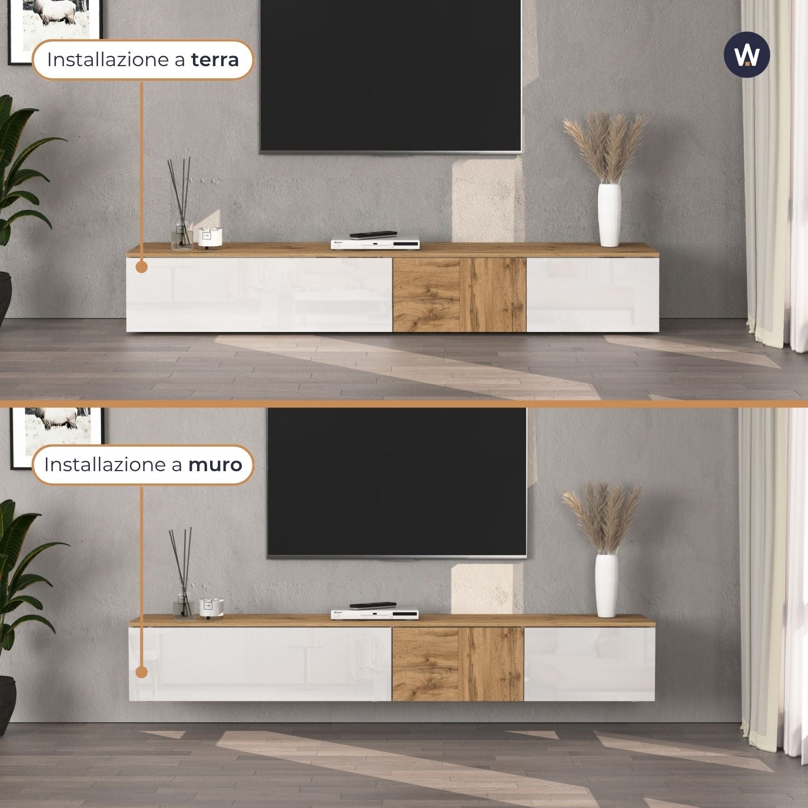 Mobile porta TV sospeso Iseo con 2 ante e 1 ribalta bianco lucido e rovere 200x35x30 cm