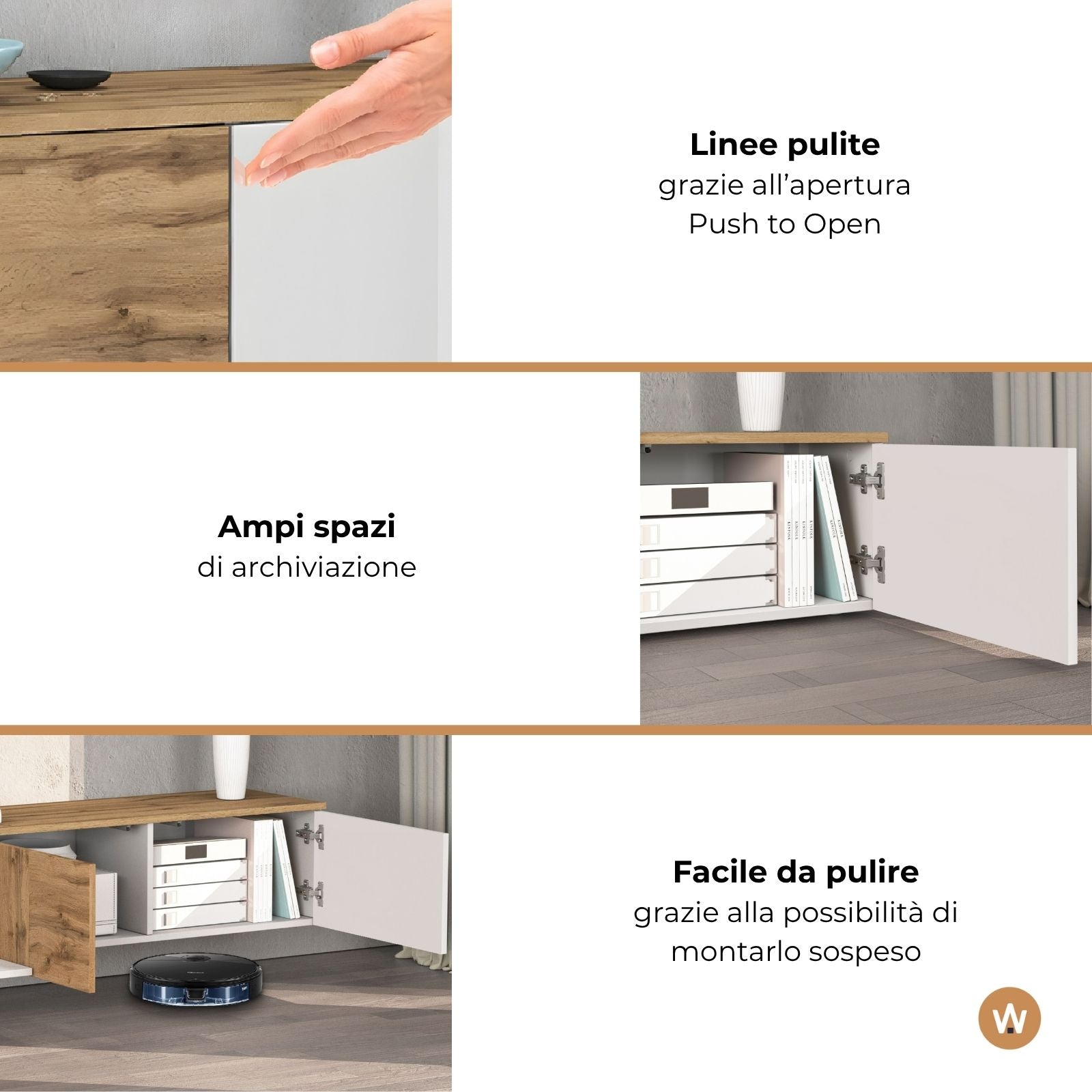 Mobile porta TV sospeso Iseo con 2 ante e 1 ribalta bianco lucido e rovere 200x35x30 cm
