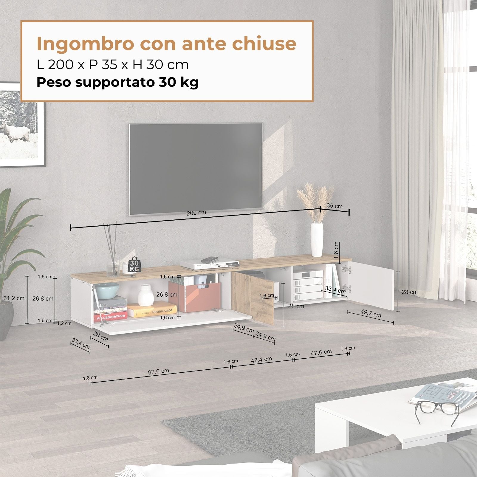 Mobile porta TV sospeso Iseo con 2 ante e 1 ribalta bianco lucido e rovere 200x35x30 cm