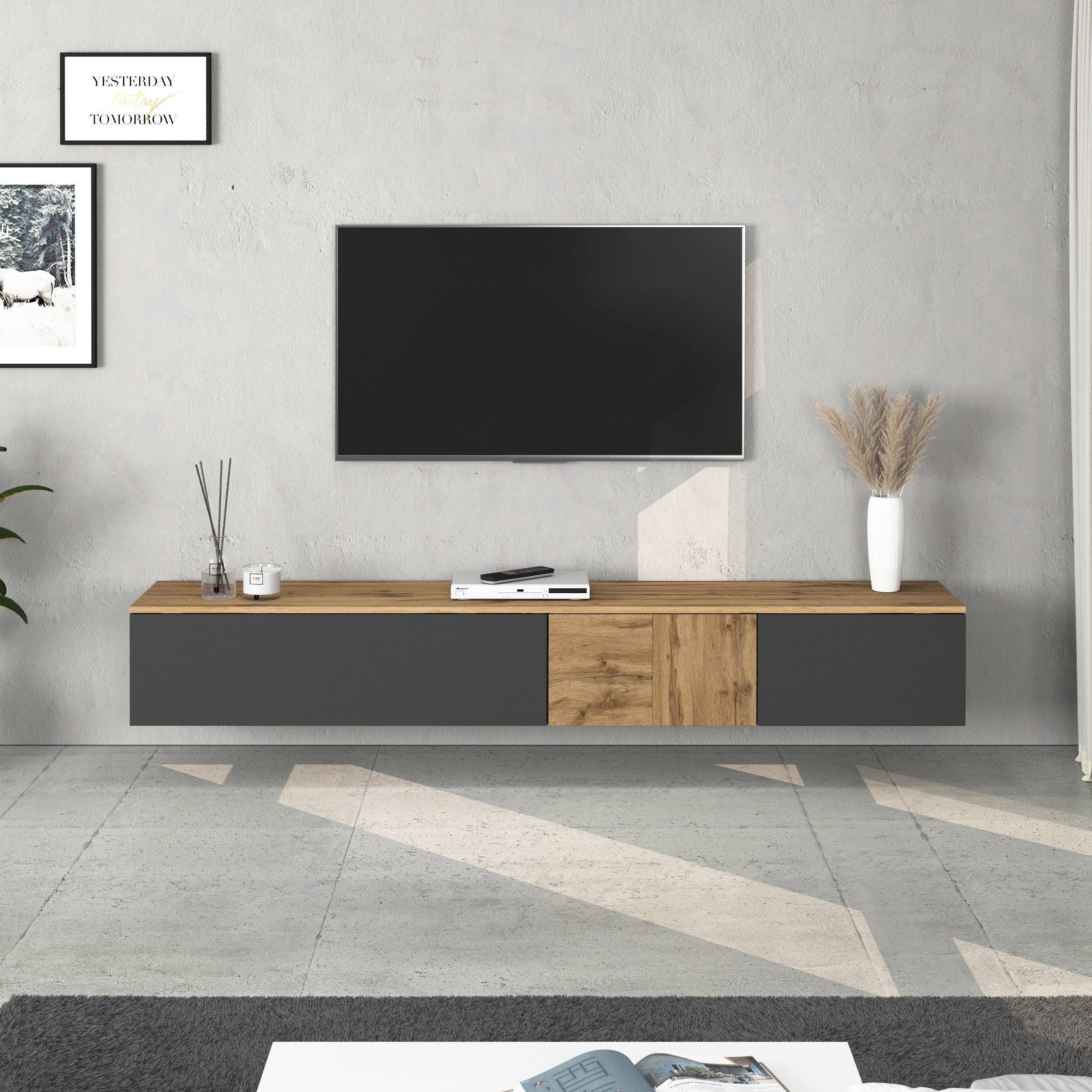 Mobile porta TV sospeso Iseo con 2 ante e 1 ribalta antracite opaco e rovere 200x35x30 cm