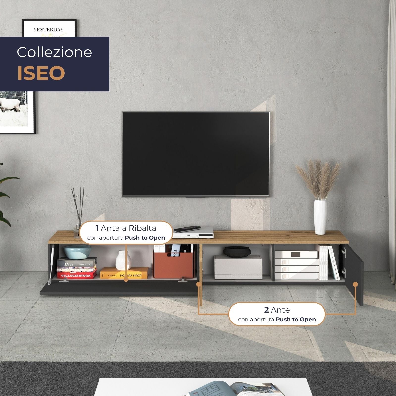 Mobile porta TV sospeso Iseo con 2 ante e 1 ribalta antracite opaco e rovere 200x35x30 cm
