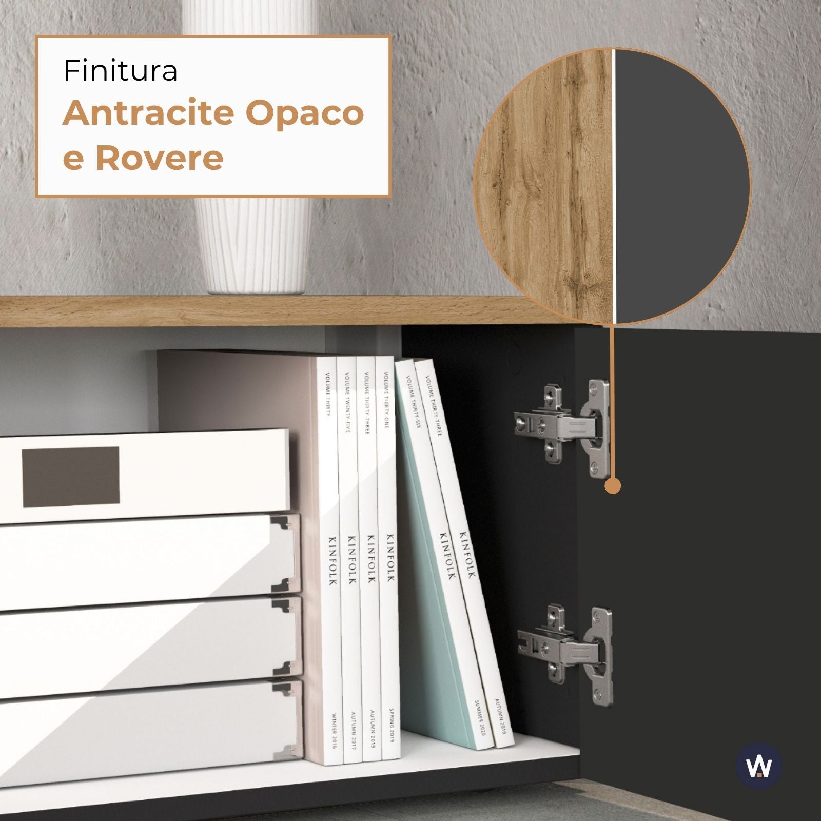 Mobile porta TV sospeso Iseo con 2 ante e 1 ribalta antracite opaco e rovere 200x35x30 cm