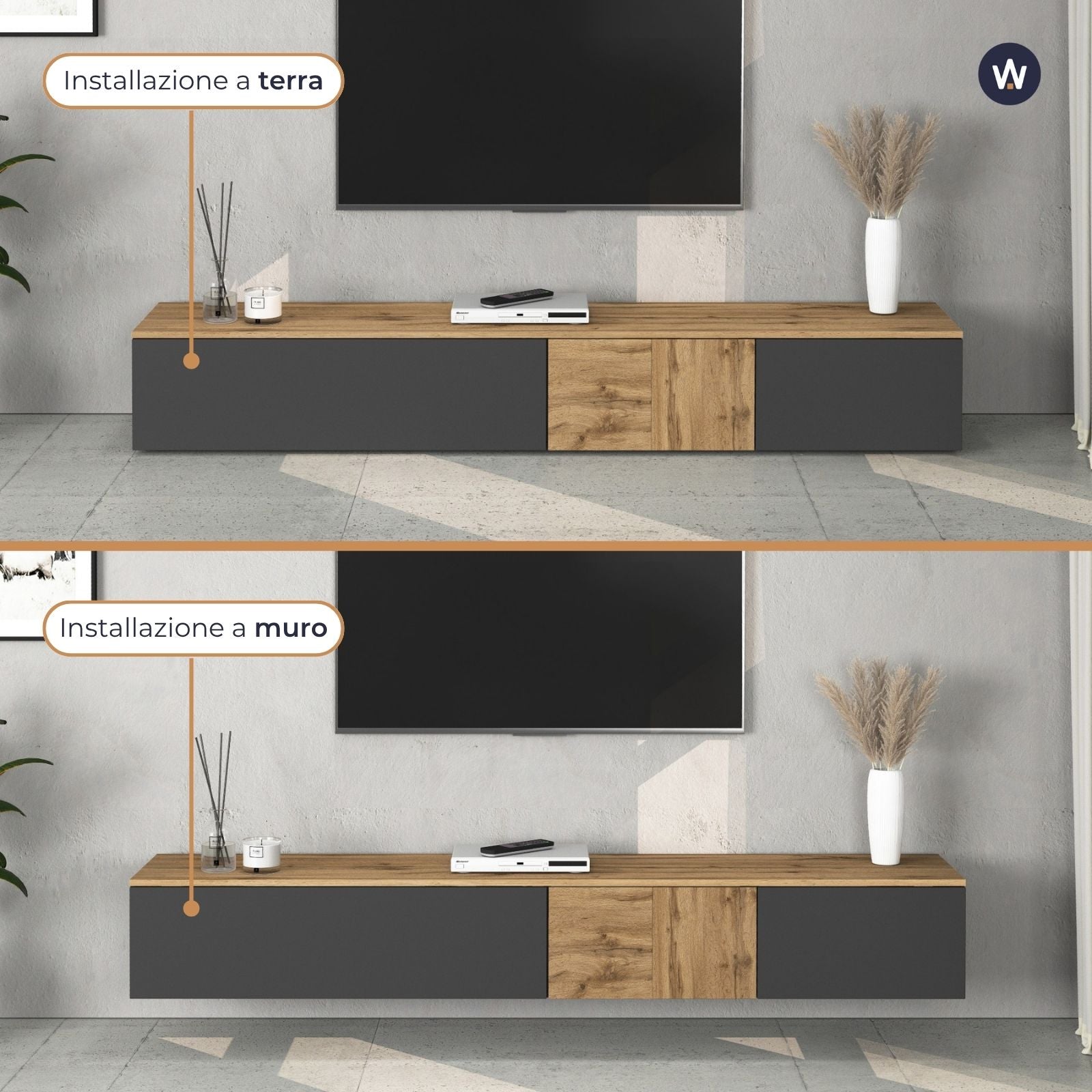 Mobile porta TV sospeso Iseo con 2 ante e 1 ribalta antracite opaco e rovere 200x35x30 cm