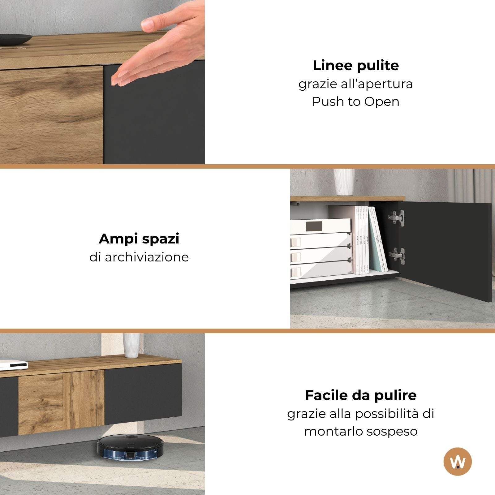 Mobile porta TV sospeso Iseo con 2 ante e 1 ribalta antracite opaco e rovere 200x35x30 cm
