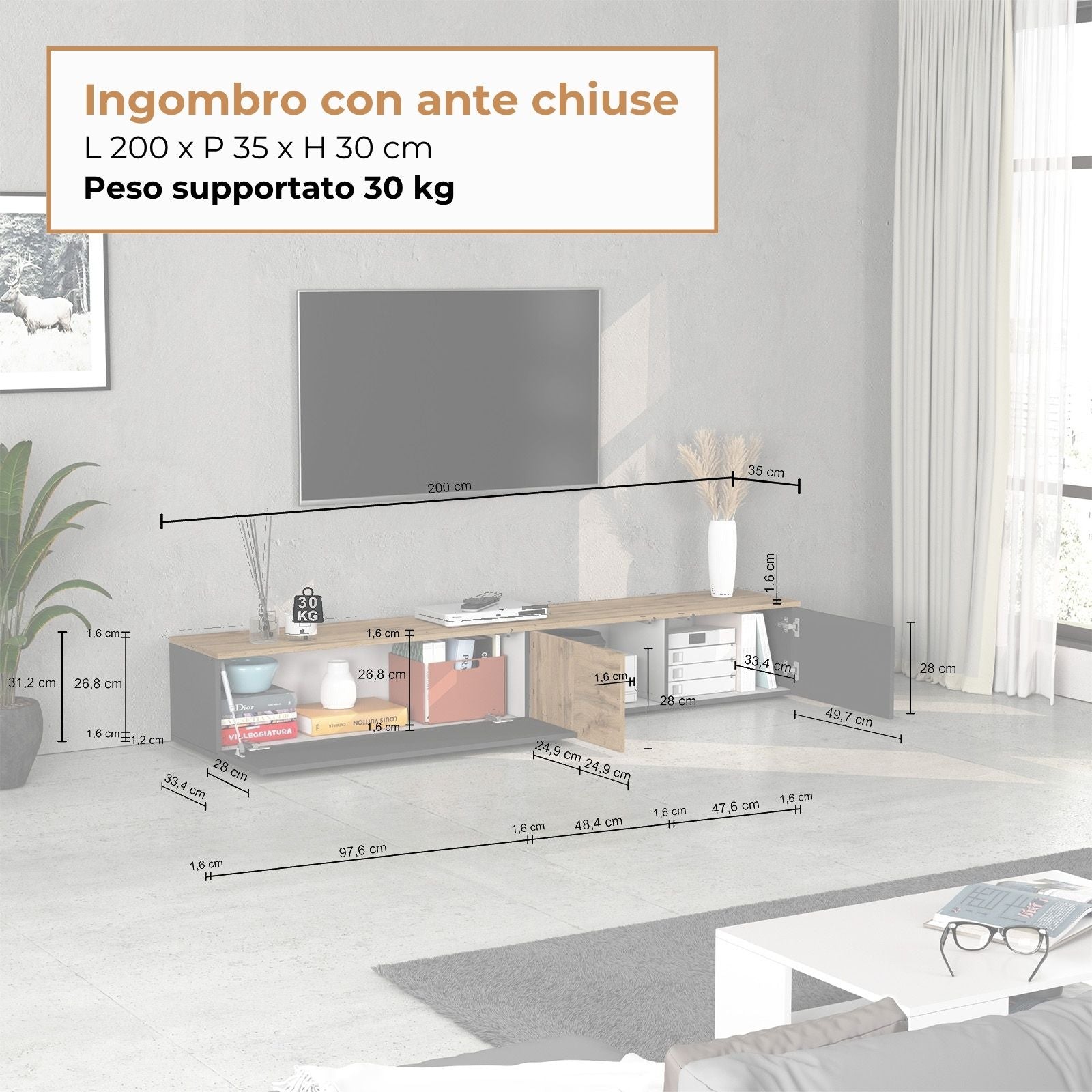 Mobile porta TV sospeso Iseo con 2 ante e 1 ribalta antracite opaco e rovere 200x35x30 cm