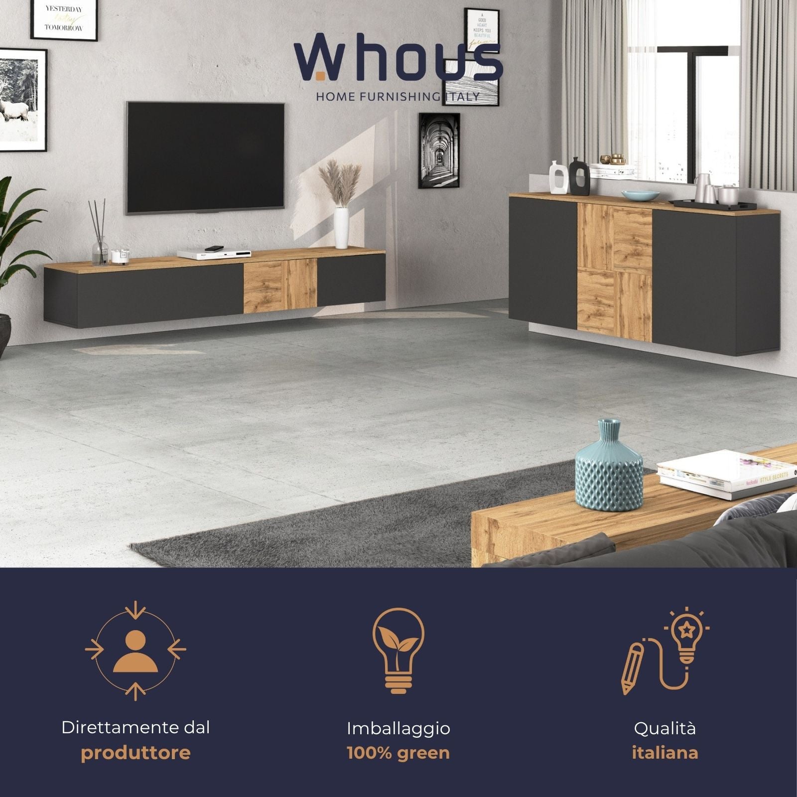 Mobile porta TV sospeso Iseo con 2 ante e 1 ribalta antracite opaco e rovere 200x35x30 cm