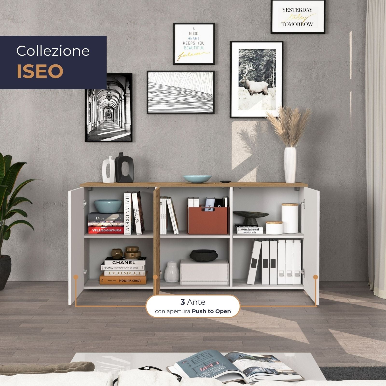 Credenza sospesa Iseo con 3 ante e 6 scomparti interni bianco lucido e rovere 150x35x70 cm