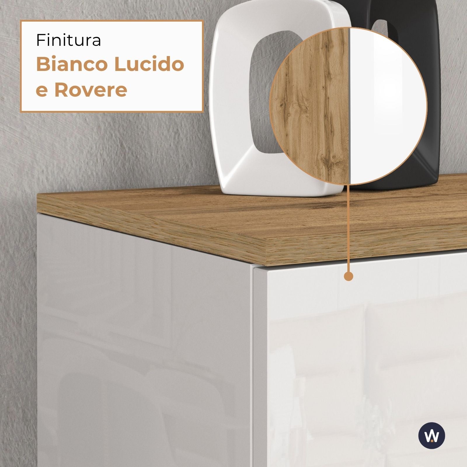 Credenza sospesa Iseo con 3 ante e 6 scomparti interni bianco lucido e rovere 150x35x70 cm