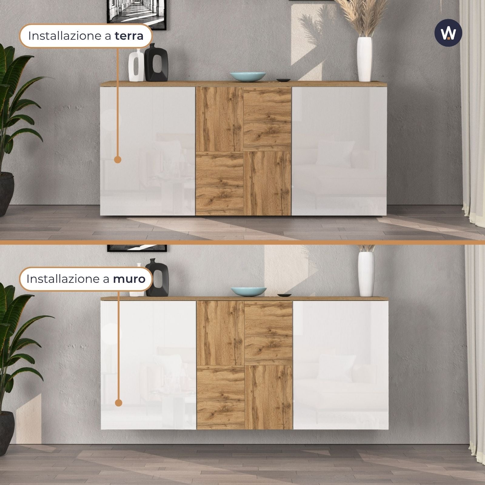 Credenza sospesa Iseo con 3 ante e 6 scomparti interni bianco lucido e rovere 150x35x70 cm