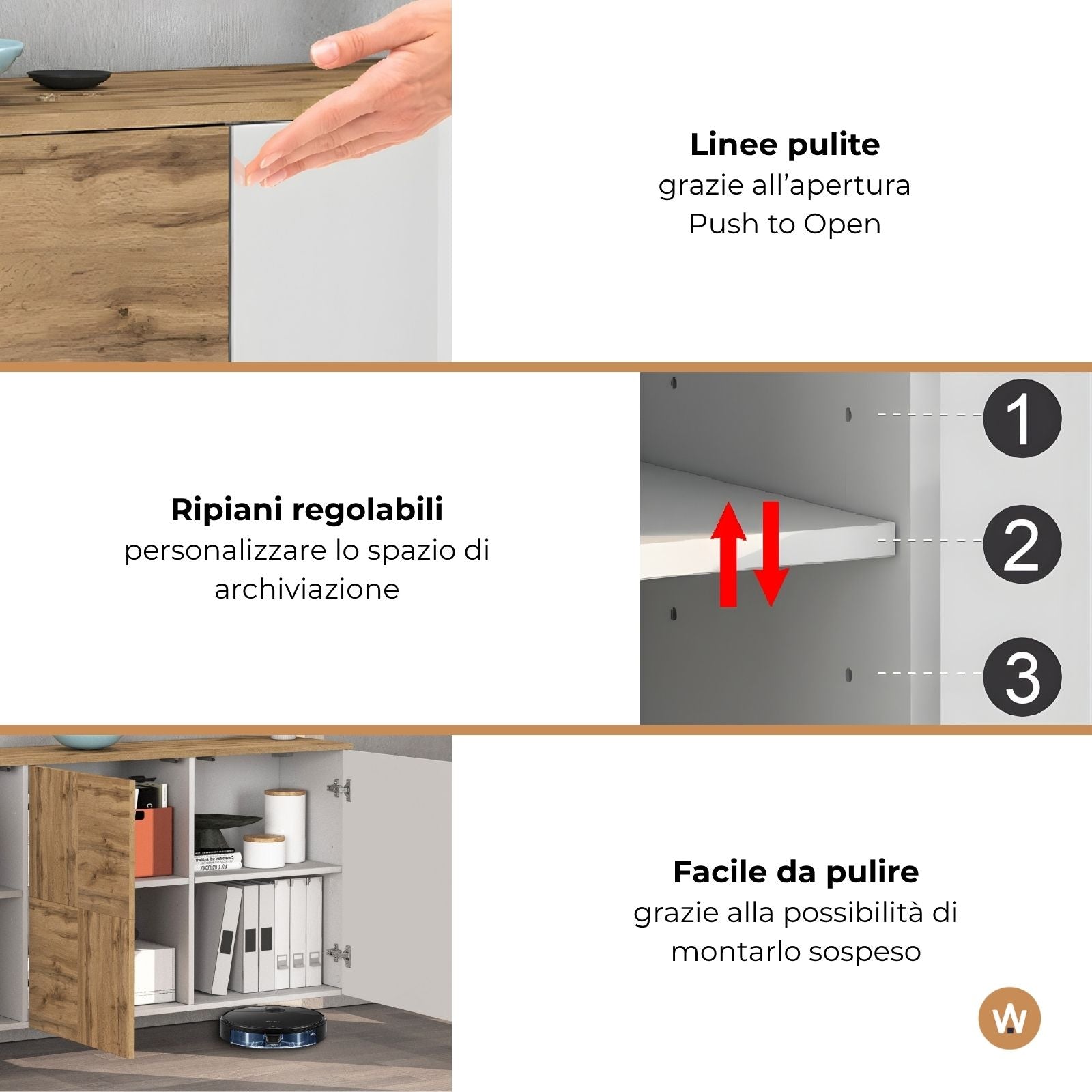 Credenza sospesa Iseo con 3 ante e 6 scomparti interni bianco lucido e rovere 150x35x70 cm