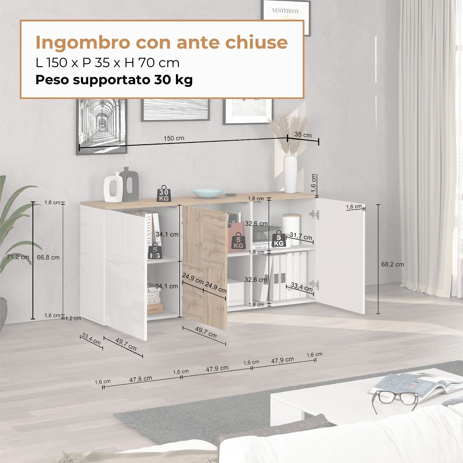 Credenza sospesa Iseo con 3 ante e 6 scomparti interni bianco lucido e rovere 150x35x70 cm