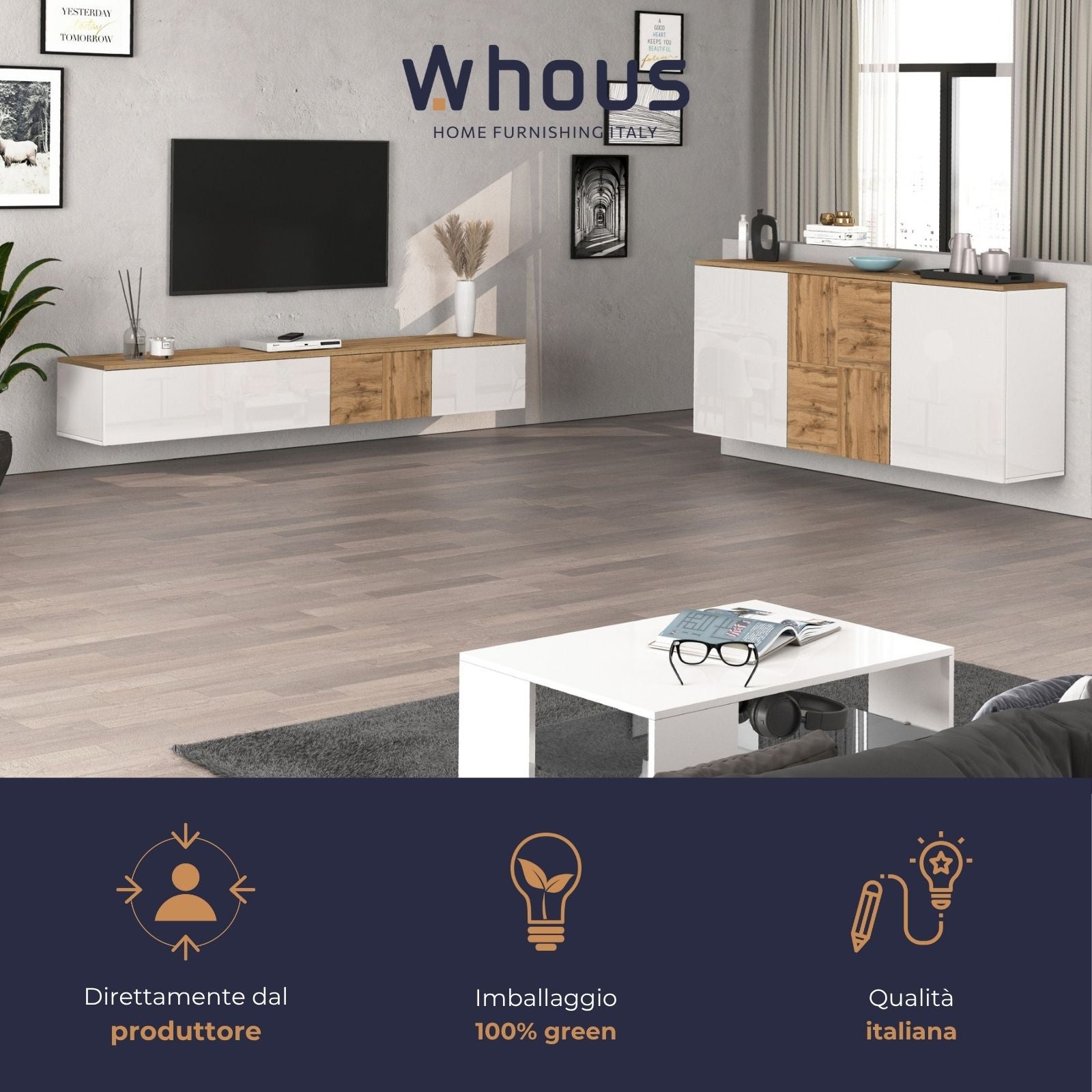 Credenza sospesa Iseo con 3 ante e 6 scomparti interni bianco lucido e rovere 150x35x70 cm