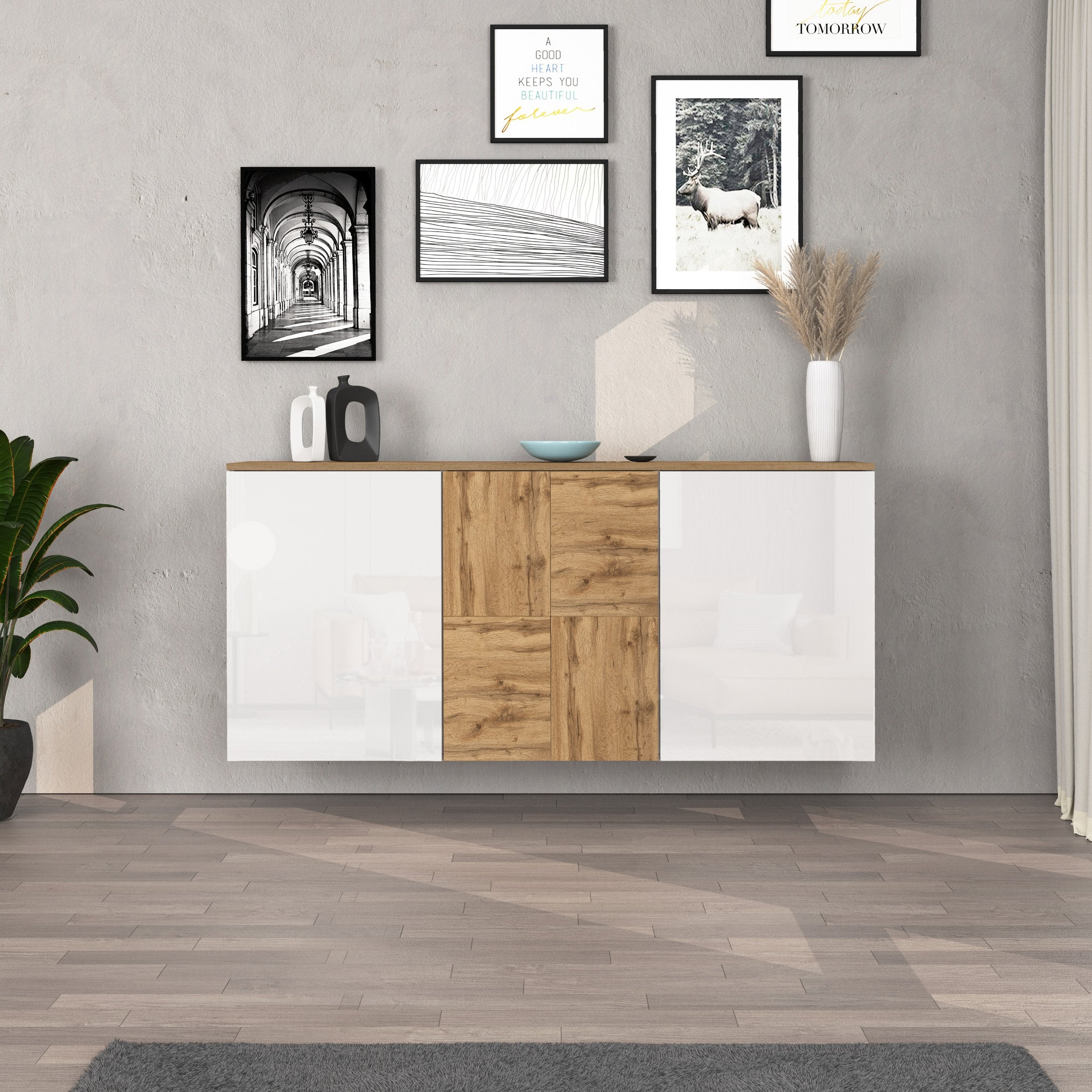 Credenza sospesa Iseo con 3 ante e 6 scomparti interni bianco lucido e rovere 150x35x70 cm