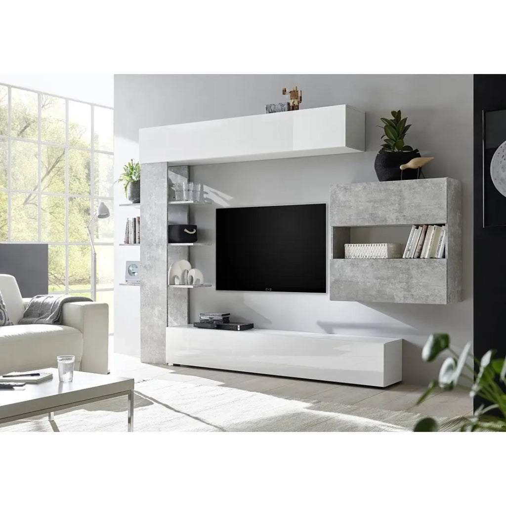 Set di mobili da soggiorno con contenitori, collezione VASCO, bianco lucido/grigio effetto cemento