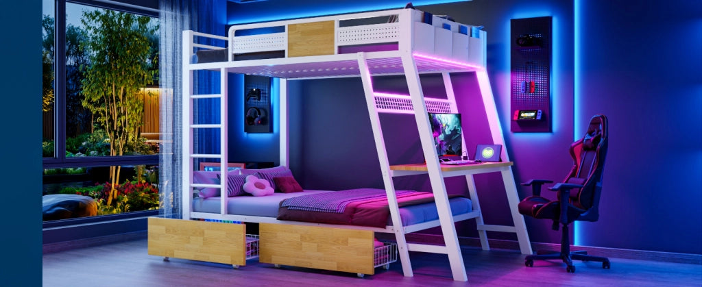 Letto a soppalco 90 × 200 cm con scrivania, prese USB e Type-C, LED e contenitori, senza materasso, metallo bianco