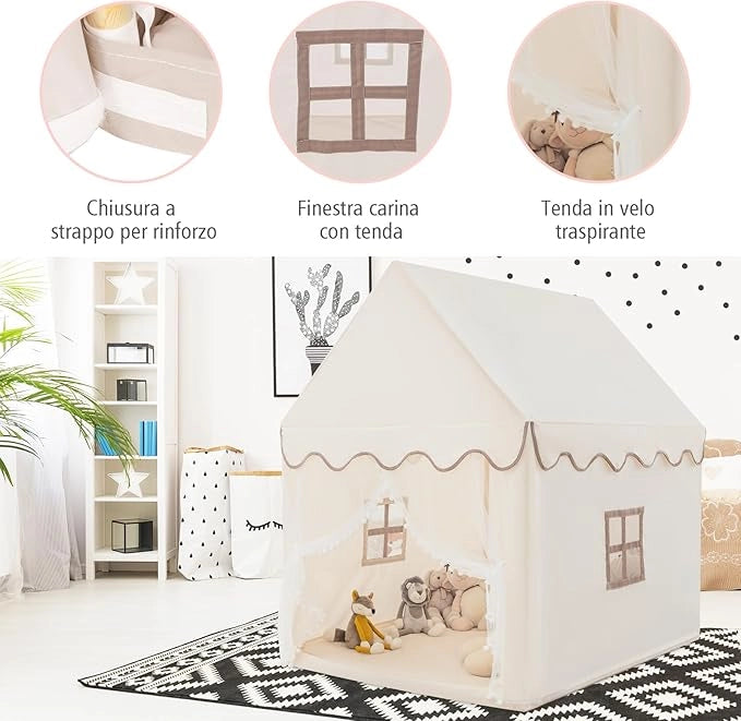 Tenda da Gioco per Bambini, Casetta per Bambini con Struttura in Solido Legno, Tappetino di Cotone, Tenda a Rete e Finestre, 105x120x140 cm (Beige)
