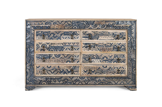 Credenza bicolore in legno di mango intagliato blu invecchiato