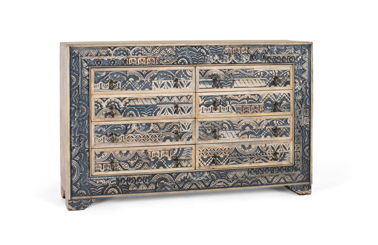 Credenza bicolore in legno di mango intagliato blu invecchiato