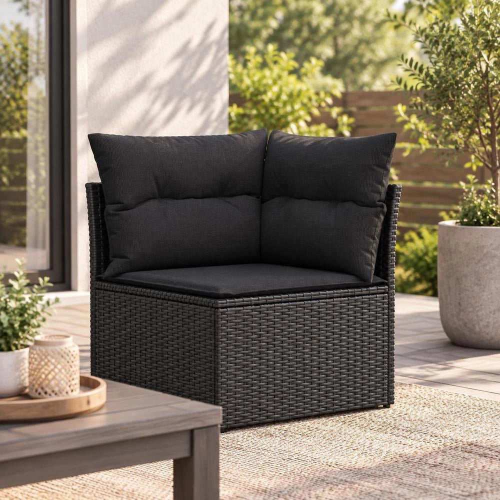Garden Sofa Corner Unit With Cushions, Black Poly Rattan