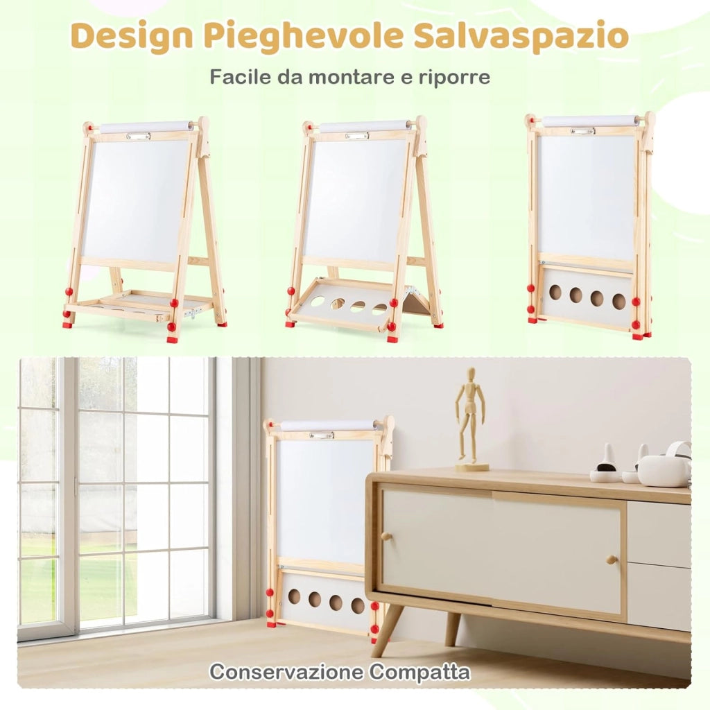 3 in 1 Cavalletto per Bambini, Cavalletto Artistico in Legno con Doppia Faccia Magnetico, Lavagna Bianca, Lavagna Nera e Rotolo di Carta, Pieghevole e Altezza Regolabile