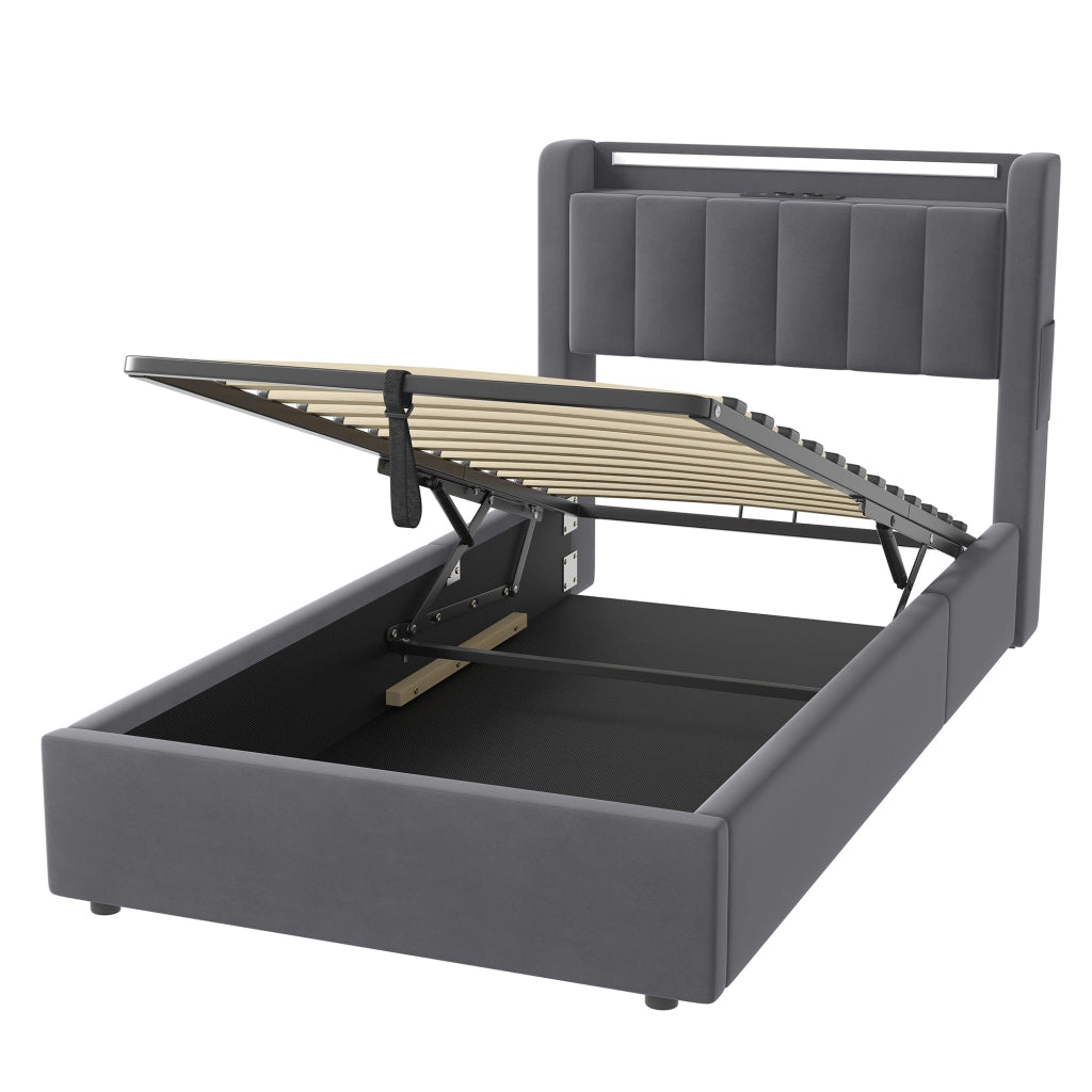 LETTO Imbottito 90 x 200 cm in Velluto con Contenitore, LED e USB",
"description