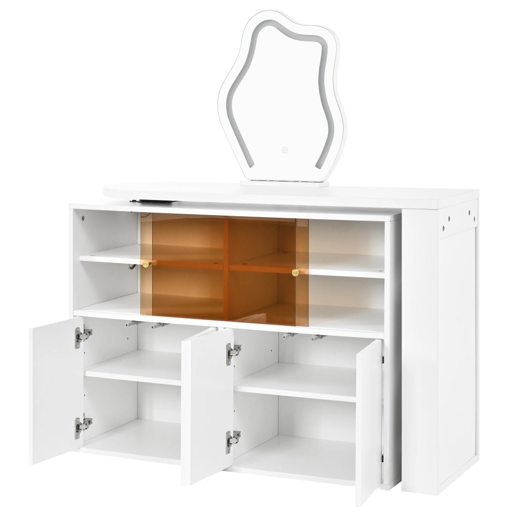 Tavolo da trucco angolare girevole con specchio LED a 3 colori, scrivania 2 in 1, bianco