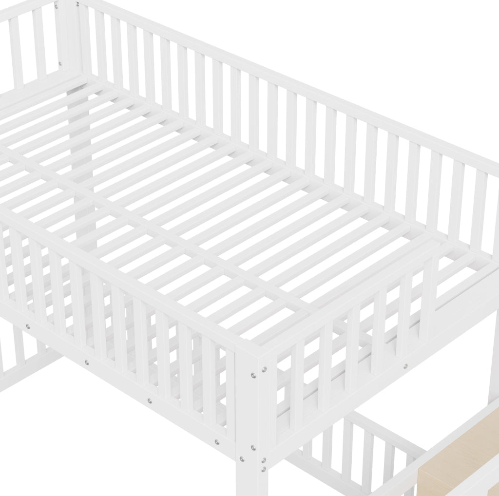 Letto a castello basso 90x200 cm con scala contenitore e LED; bianco