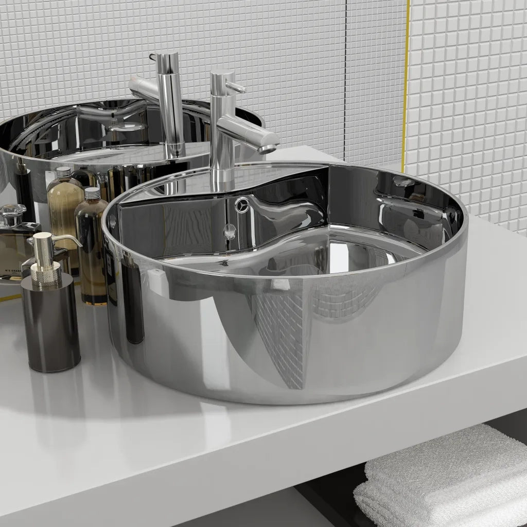 Lavandino con Troppopieno-Lavabo-Lavello 46,5x15,5 cm in Ceramica Argento