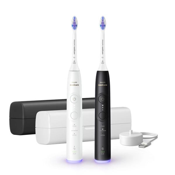 Philips sonicare serie 6500 sonicare spazzolino elettrico sonico con base di ricarica e custodia, 3 livelli di intensità, sensore di pressione confezione da 1 spazzolino bianco e 1 spazzolino nero hx7419/01