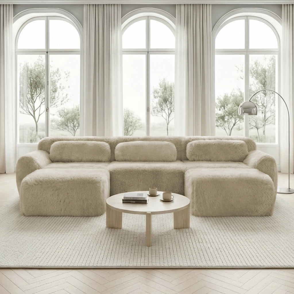 Divano Modulare a U con Pouf; Senza Montaggio; Base Antiscivolo e Cuscini; in Peluche; Cachi Chiaro