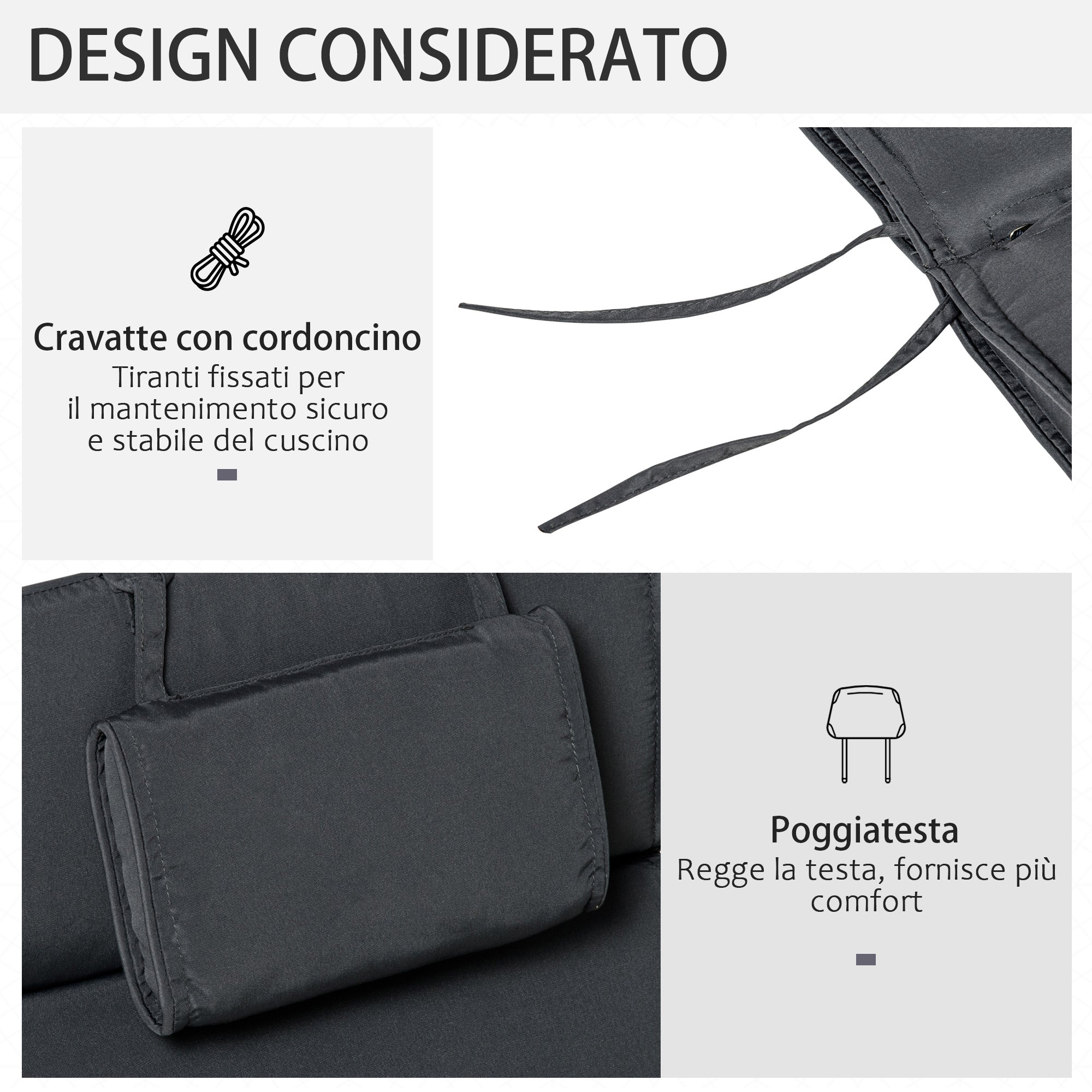 Cuscino per Sdraio Lettino Prendisole da Giardino Grigio 198x53x5 cm