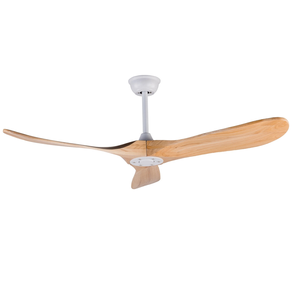 Ventilatore da soffitto a pale in legno con telecomando; motore DC reversibile; bianco e naturale