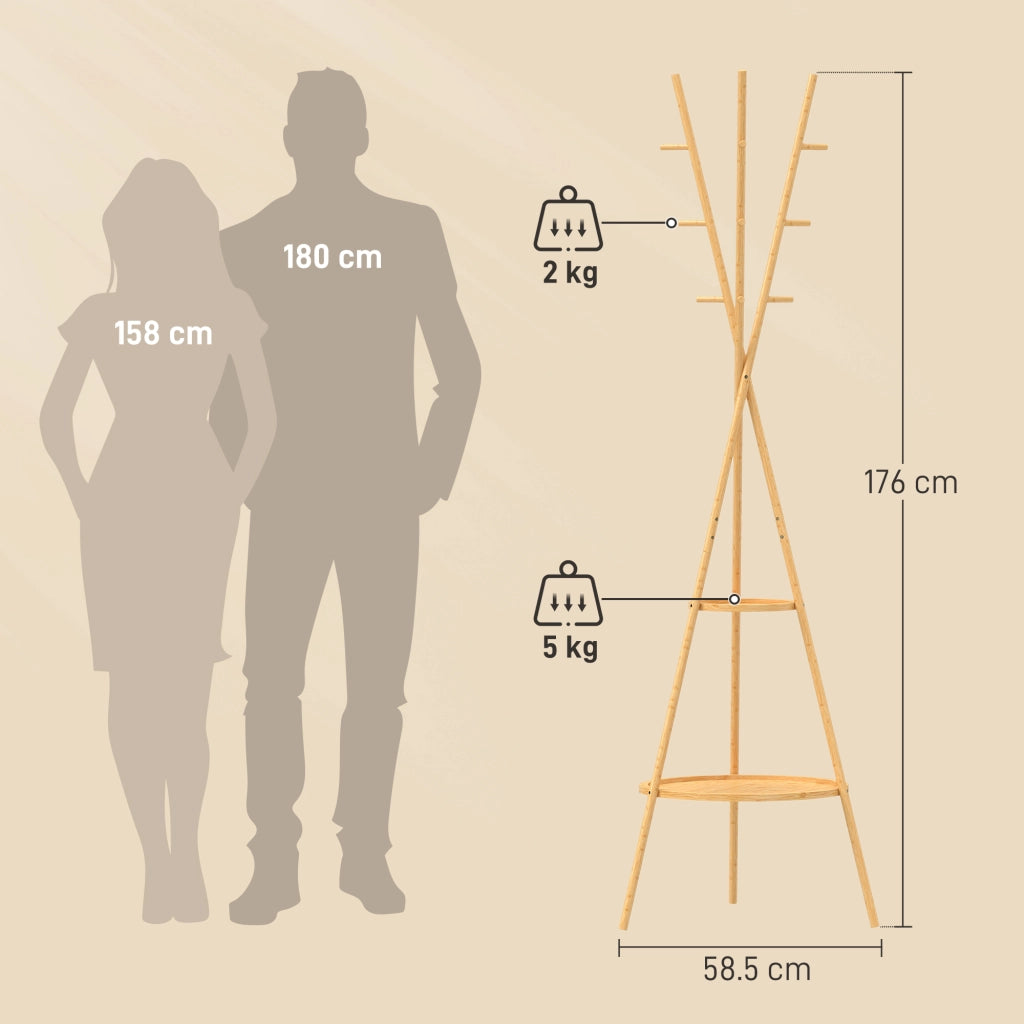 Albero Porta Abiti con 9 Ganci e 2 Ripiani. Naturale