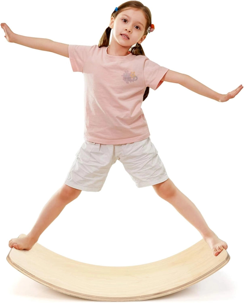 Balance Board Curva per Bambini, Tavola di Equilibrio per Bambini in Legno con Feltro Antiscivolo, Portata Massima 220 kg (90 x 30 x 19 cm)