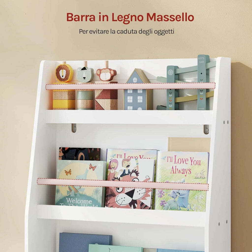Libreria Montessoriana per Bambini, Scaffale Porta Libri e Giocattoli a 3 Ripiani, Organizzatore per Cameretta dei Bimbi, in MDF e Legno di Pino, Bianco