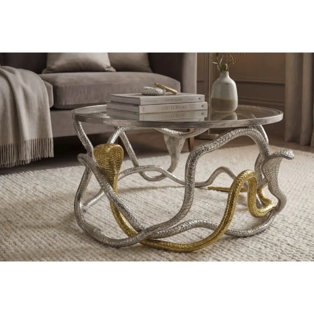 Tavolino basso VIPEREA rotondo 67 cm in alluminio argentato e dorato con vetro temperato