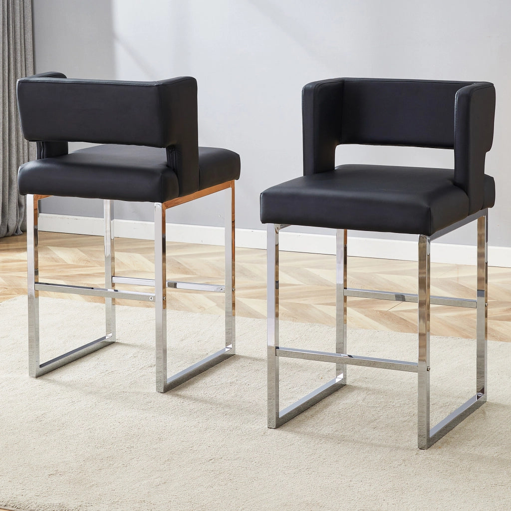 Set di 2 Sgabelli da Bar Stile Nordico con Seduta Quadrata Imbottita e Gambe in Metallo; Pelle PU; Nero e Argento