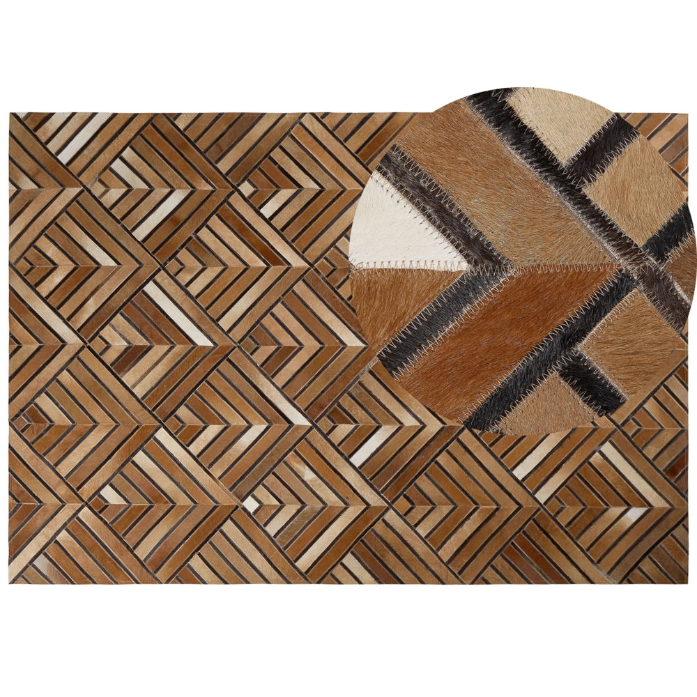 Tappeto in pelle di vacchetta Patchwork in pelle marrone motivo geometrico a rombi 160 x 230 cm