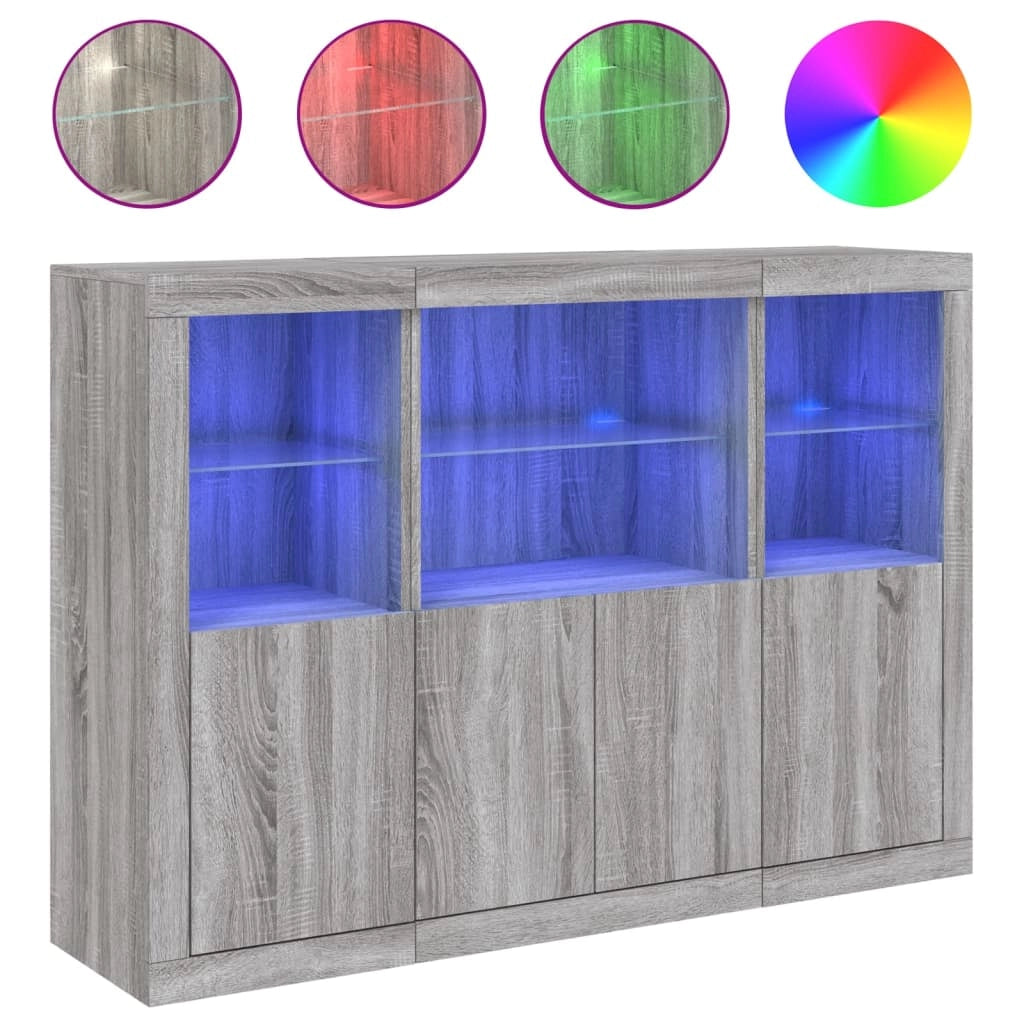 Buffet credenza cassettiera armadio mobile contenitore organizer per cucina soggiorno salotto con luci a LED 3 pezzi in legno ingegnerizzato Sonoma grigio 02_0037234