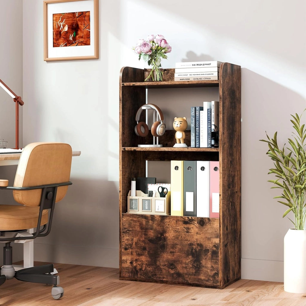 Libreria di libri con 3 ripiani aperti e 1 cassetto, libreria in legno con kit antiribaltamento, 55 x 29 x 105 cm, scaffale di stoccaggio per soggiorno, ufficio, camera da letto (marrone