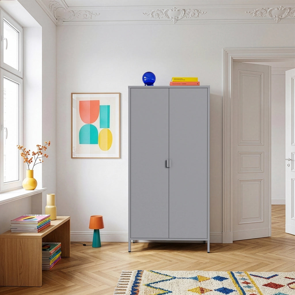 Armadio Guradaroba Esteli in Acciaio a 2 Ante con 2 Barre Appendiabiti e 4 Ripiani 170 x 80 x 45 cm - Grigio [en.casa]