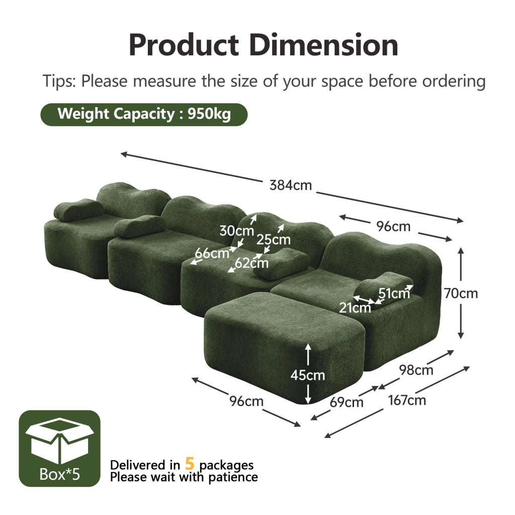 Divano angolare modulare 4 posti senza struttura con pouf, forma ondulata, per soggiorno e appartamento, in velluto verde