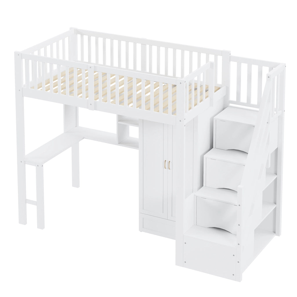 Letto soppalco di deposito; 90x200cm; armadio; scaffale; scrivania; scale; bianco